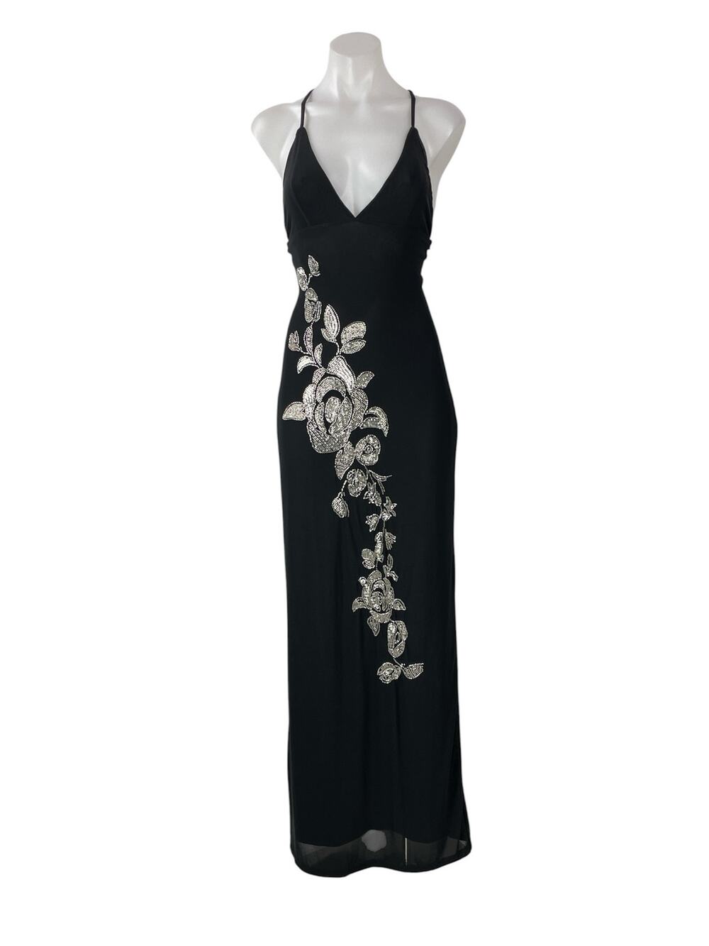 Peppermayo Beki Beaded Mesh Black Sleeveless V Neck Crossback Maxi Dress Size 4
